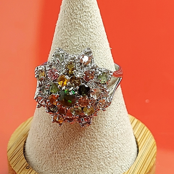 Natural Fire Opal & Tourmaline 925 Sterling Silver Ring Sz 7.5 - Picture 5 of 14